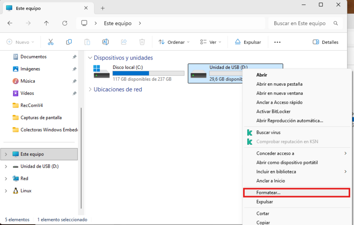 Menú de formato Windows